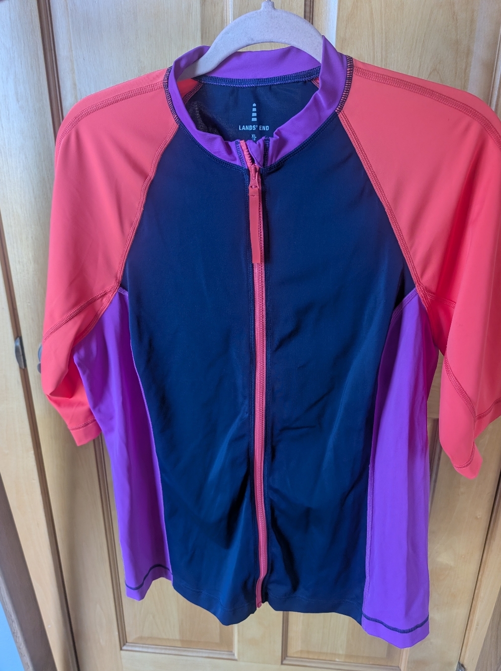 Lands' End Navy Swim Top with Magenta Trim and Red Zipper